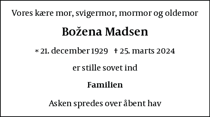 Dødsannonce for Bozena Madsen