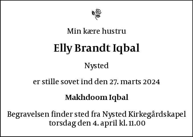 Dødsannonce for Elly Brandt Iqbal