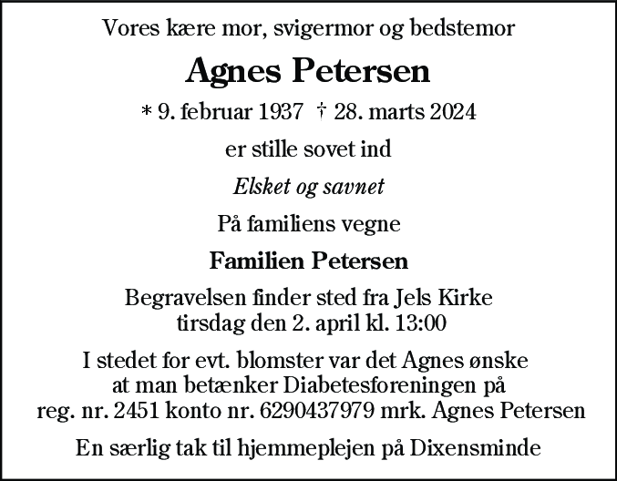 Dødsannonce for Agnes Petersen