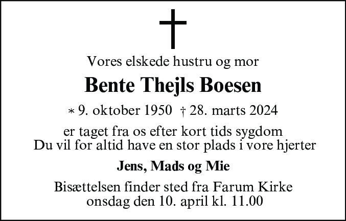 Dødsannonce for Bente Thejls Boesen