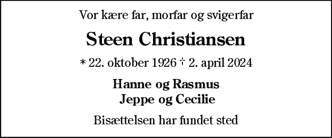 Dødsannonce for Johannes Steen Christiansen