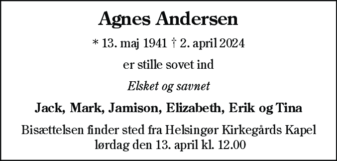 Dødsannonce for Agnes Andersen