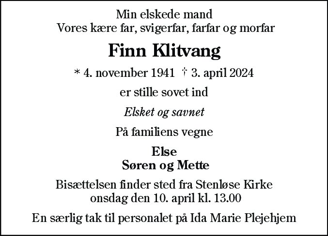 Dødsannonce for Finn Klitvang