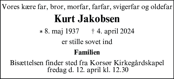 Dødsannonce for Kurt Jakobsen