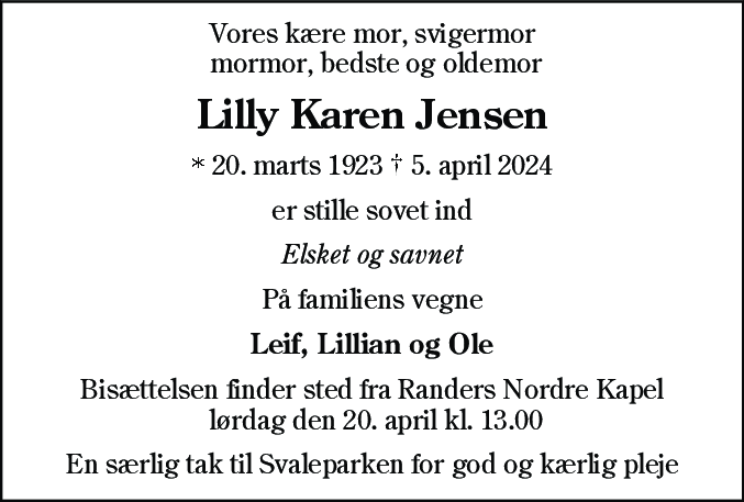 Dødsannonce for Lilly Karen Jensen
