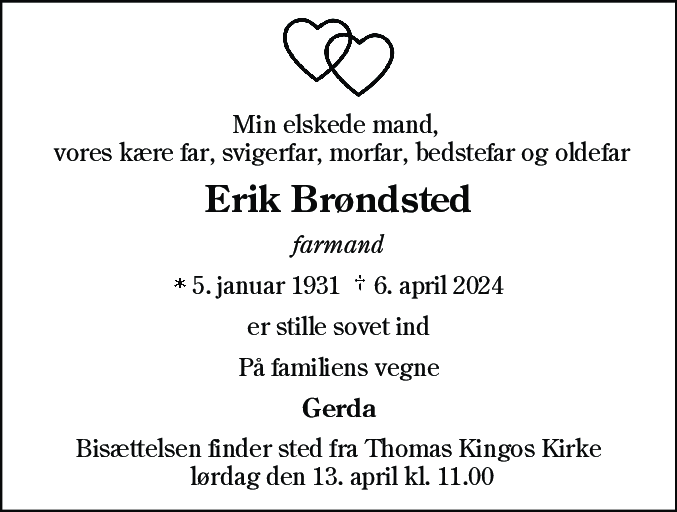 Dødsannonce for Erik Viggo Brøndsted