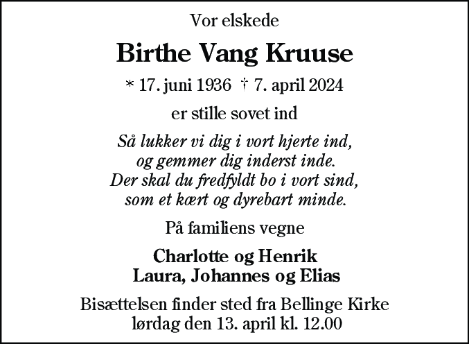 Dødsannonce for Birthe Kruuse