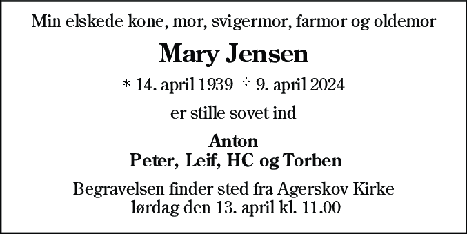 Dødsannonce for Mary Jensen