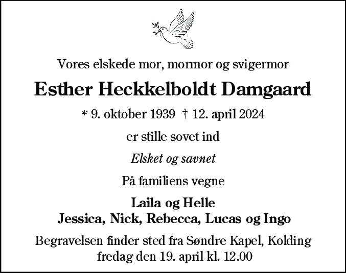 Dødsannonce for Esther Heckkelboldt Damgaard