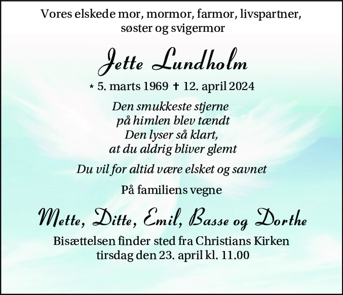 Dødsannonce for Jette Lundholm