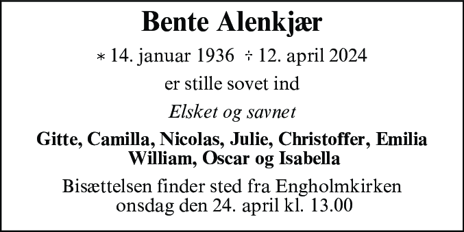 Dødsannonce for Bente Alenkjær