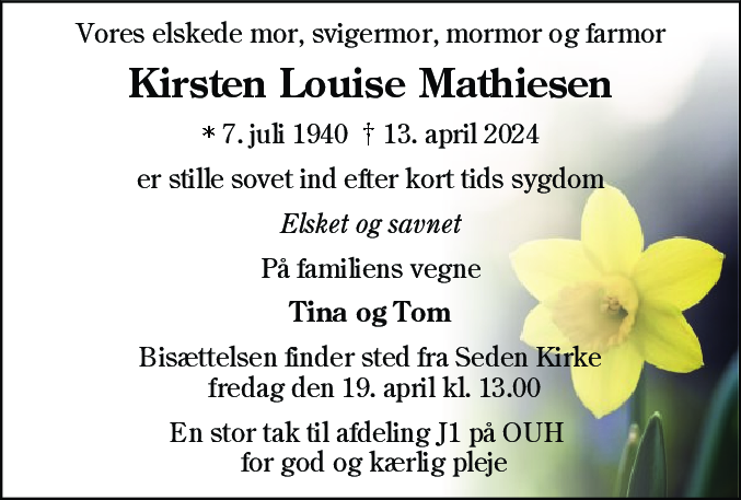 Dødsannonce for Kirsten Louise Mathiesen