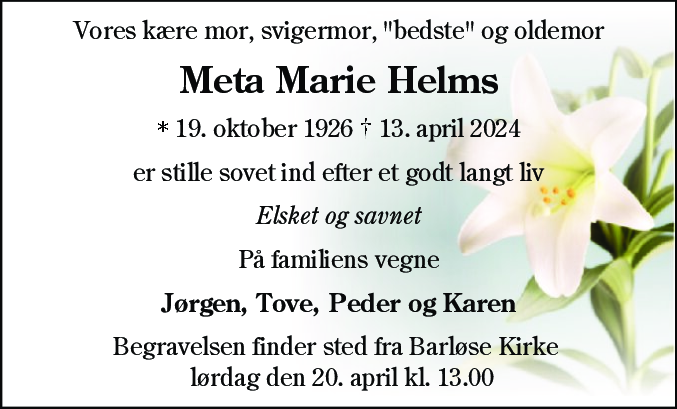 Dødsannonce for Meta Marie Helms