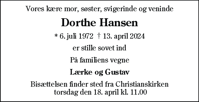 Dødsannonce for Dorthe Hansen
