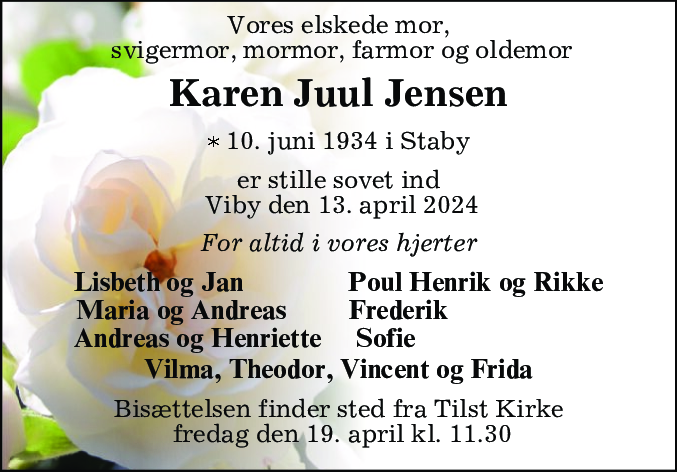 Dødsannonce for Karen Juul Jensen