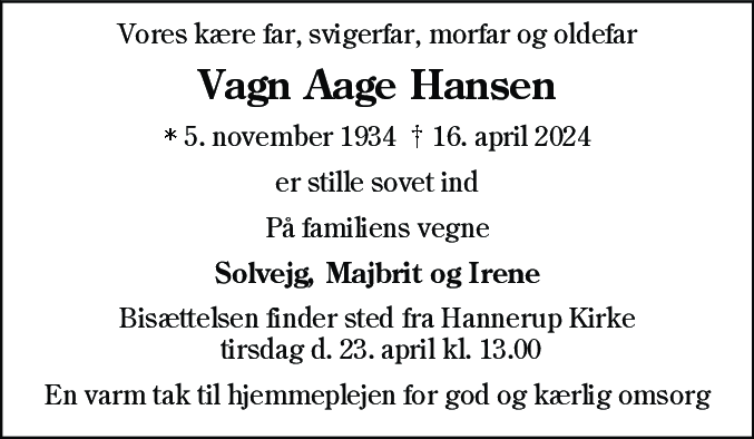 Dødsannonce for Vagn Aage Hansen