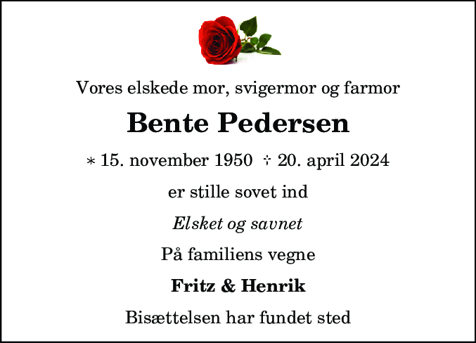 Dødsannonce for Bente Pedersen