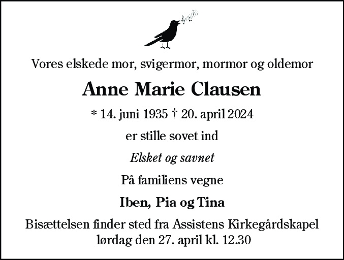 Dødsannonce for Anne Marie Clausen