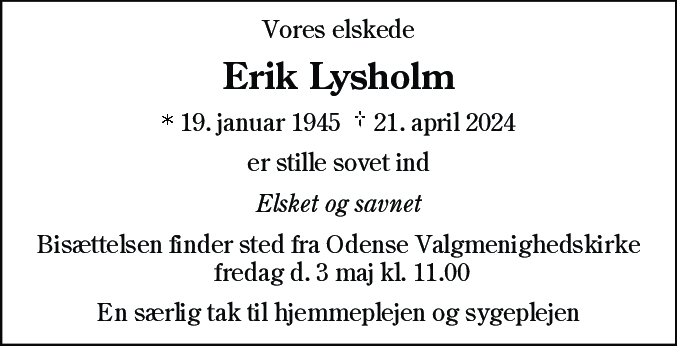 Dødsannonce for Erik Lysholm