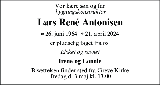 Dødsannonce for Lars René Antonisen