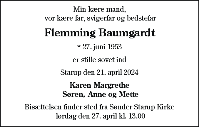 Dødsannonce for Flemming Baumgardt