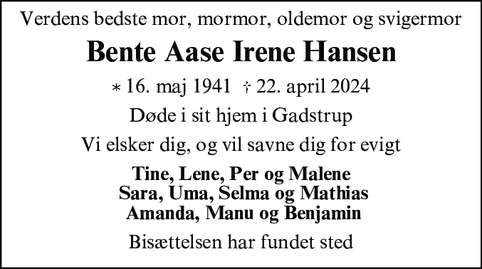 Dødsannonce for Bente Aase Irene Hansen