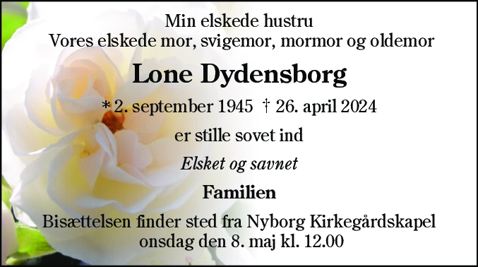 Dødsannonce for Lone Dydensborg