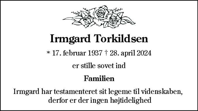 Dødsannonce for Irmgard Torkildsen