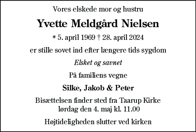 Dødsannonce for Yvette Meldgård Nielsen
