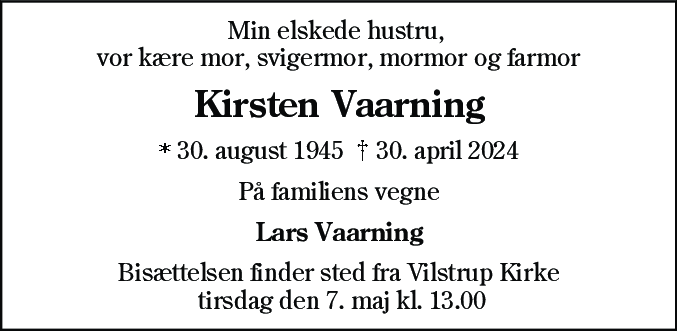 Dødsannonce for Kirsten Vaarning