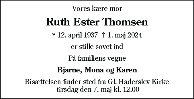 Dødsannonce for Ruth Ester Thomsen