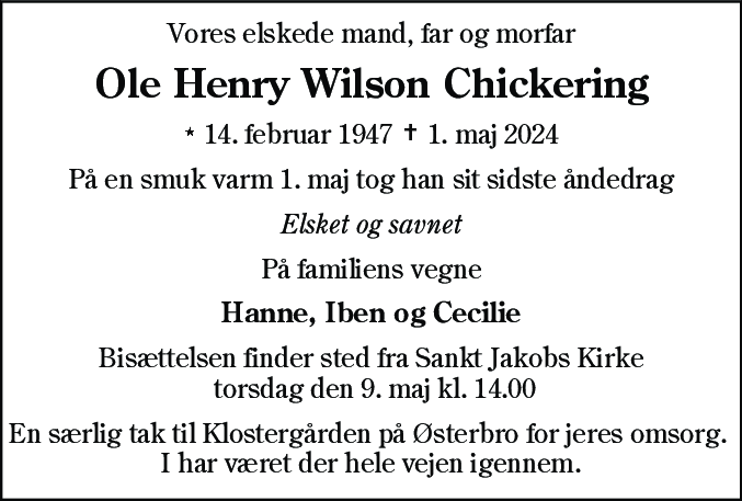 Dødsannonce for Ole Henry Wilson Chickering