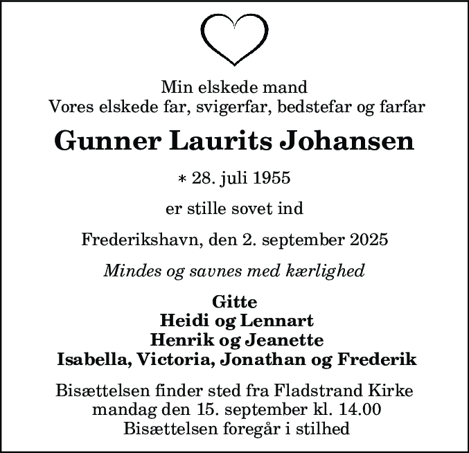 Dødsannonce for Gunner Laurits Johansen