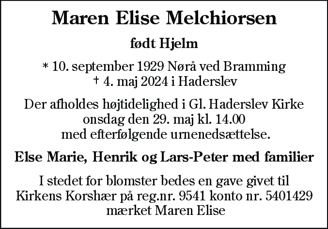 Dødsannonce for Maren Elise Melchiorsen