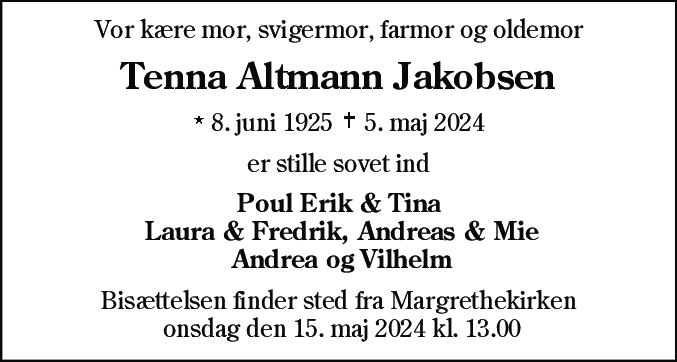 Dødsannonce for Tenna Altmann Jakobsen