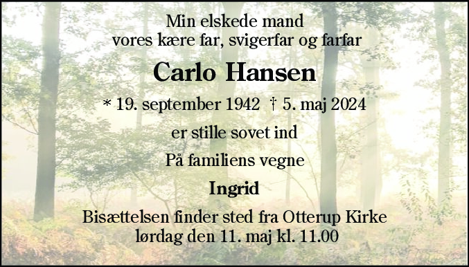 Dødsannonce for Carlo Hansen