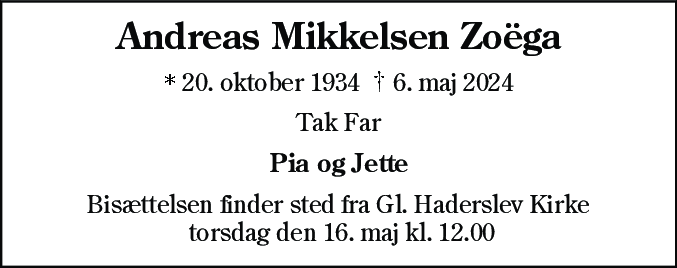 Dødsannonce for Andreas Mikkelsen Zoëga