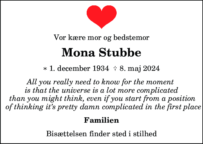 Dødsannonce for Mona Stubbe