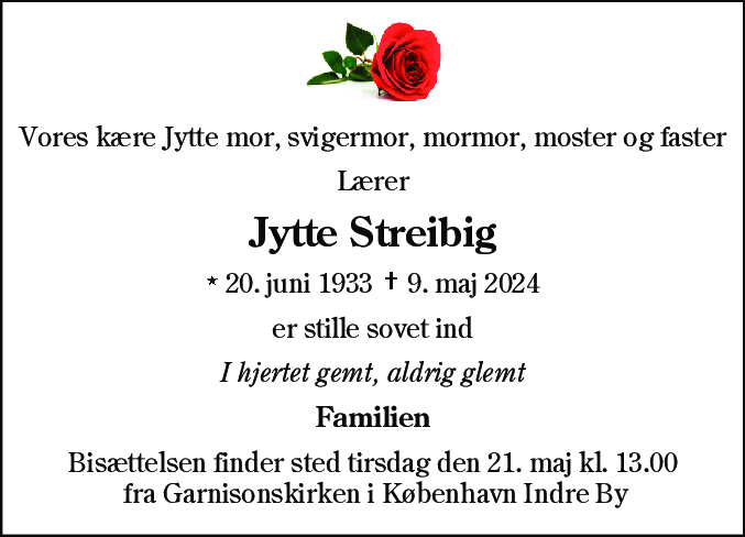 Dødsannonce for Jytte Streibig
