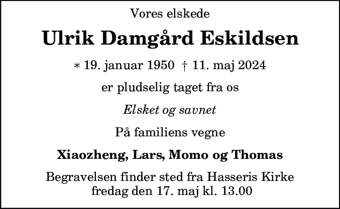 Dødsannonce for Ulrik Damgård Eskildsen
