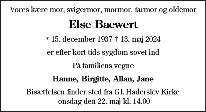Dødsannonce for Else Baewert