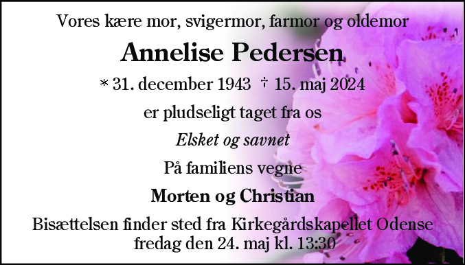 Dødsannonce for Annelise Pedersen
