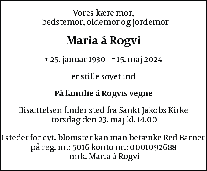 Dødsannonce for Maria á Rogvi