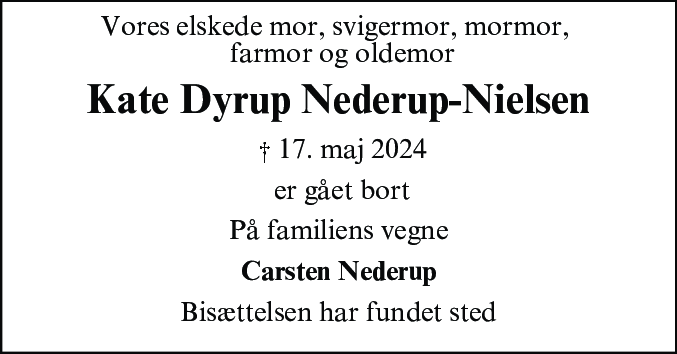 Dødsannonce for Kate Dyrup Nederup-Nielsen