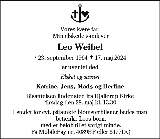 Dødsannonce for Leo Weibel