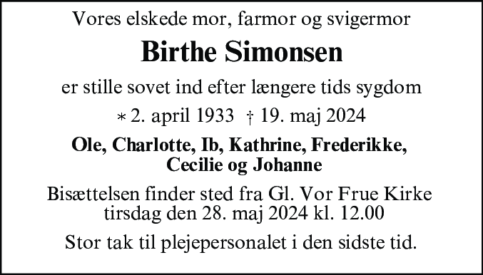 Dødsannonce for Birthe Simonsen