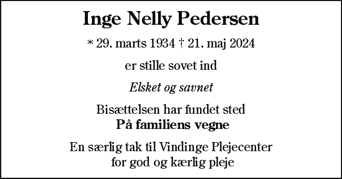 Dødsannonce for Inge Nelly Pedersen
