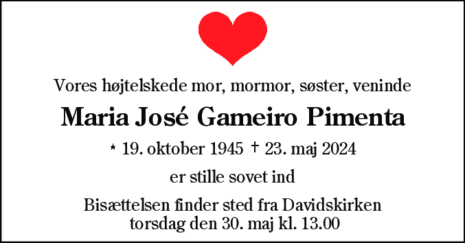 Dødsannonce for Maria Jose Gameiro Pimenta