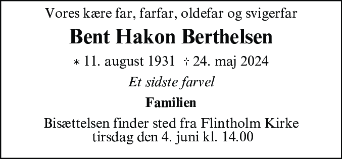 Dødsannonce for Bent Hakon Berthelsen