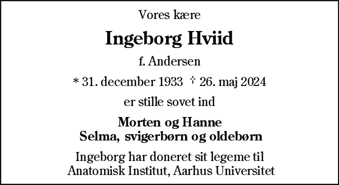 Dødsannonce for Ingeborg Hviid (311233)